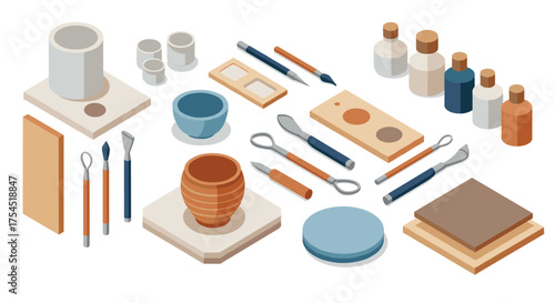 Isometric pottery tools and supplies creative modern design elements in 3d art style