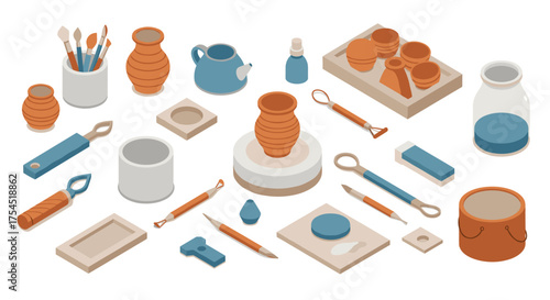 Isometric pottery tools and equipment creative ceramic workshop essentials