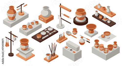 Isometric ceramic pottery and tableware collection on display