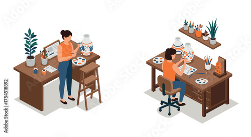 Isometric artist studio with pottery painting and creative workspace
