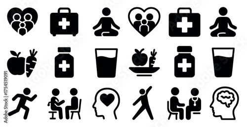 Health and wellness solid icons set – fitness, medicine, lifestyle symbols