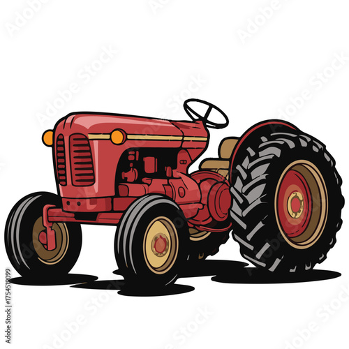 Classic Vintage Red Farm Tractor Illustration Isolated on White