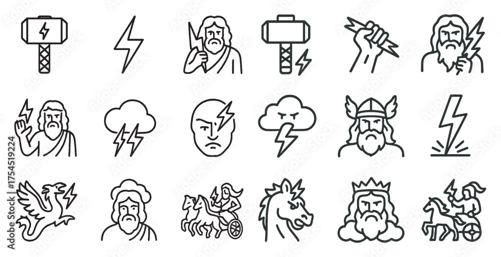 Fototapeta premium Mythology and thunder line icons set – outline, ancient, greek symbols