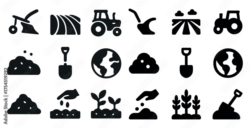 Fototapeta premium Agriculture and farming solid icons set – filled, silhouette, gardening symbols