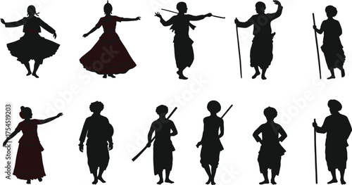 Traditional folk dance silhouette illustration of men and women performing cultural movements with sticks and ethnic costumes, heritage art design for vector collection