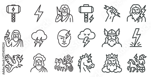 Mythology and thunder line icons set – outline, ancient, greek symbols