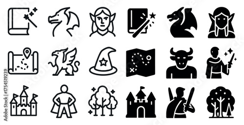 Fantasy and adventure line icons set – magical, mythical, quest journey symbols
