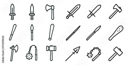 Ancient weapons outline icons set – line, flat, medieval and warfare symbols