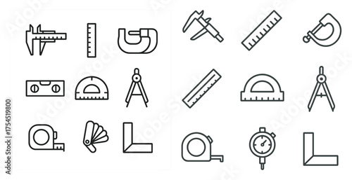 Measurement tools icons set – outline, linear, rulers and calipers graphics