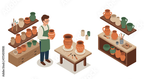 Pottery workshop scene with craftsman in apron and handmade clay vases