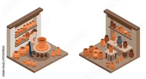 Isometric pottery studio with artisan crafting clay vases and jars