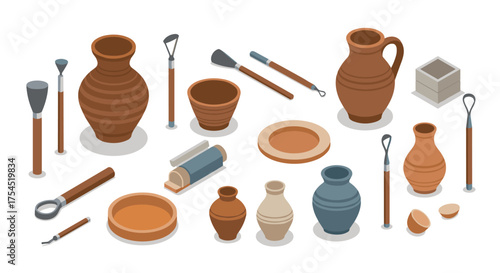 Isometric pottery tools and clay vases on white background