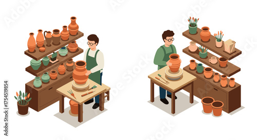 Pottery workshop scene with ceramic crafting and artisans in isometric style