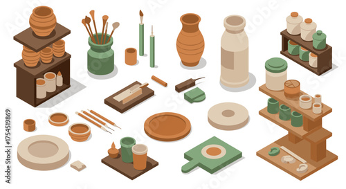 Isometric ceramic art supplies and pottery workshop tools in earthy tones