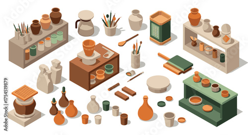 Isometric ceramic workshop with pottery and tools in warm earth tones