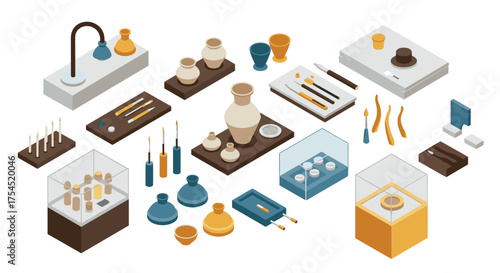 Isometric pottery workshop tools and supplies for ceramics crafting enthusiasts