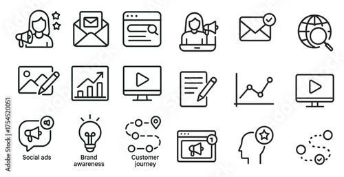 Digital marketing outline icons set – linear, line, online advertising symbols