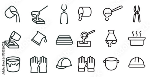 Metal casting linear icons set – outline, industrial, foundry and mold symbols