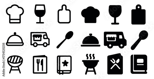 Culinary and dining icons set – solid, filled, food and beverage graphics
