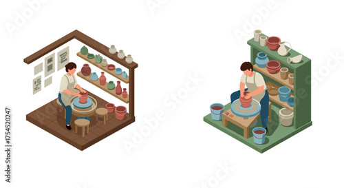 Isometric pottery workshop crafting clay art in creative studio spaces