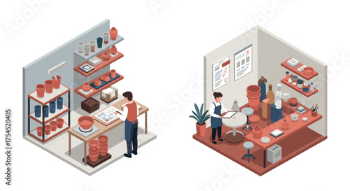 Isometric ceramic studio with pottery shelves and artists at work