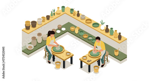 Isometric ceramic workshop pottery crafting with two artists shaping clay on wheels