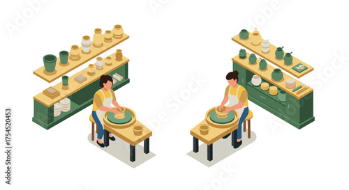 Isometric pottery workshop with clay artists in a studio setting