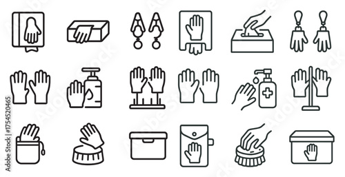 Cleaning and hygiene icons set – outline, linear, sanitation and handwashing symbols