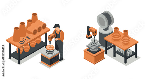 Isometric pottery workshop with artisan using electric tools and clay pots