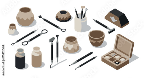 Pottery craft tools in isometric style for modern ceramic enthusiasts