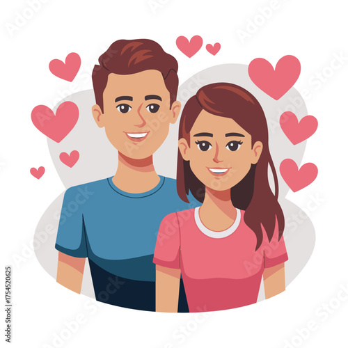 Happy Young Couple in Love Portrait with Pink Hearts Background Vector Illustration