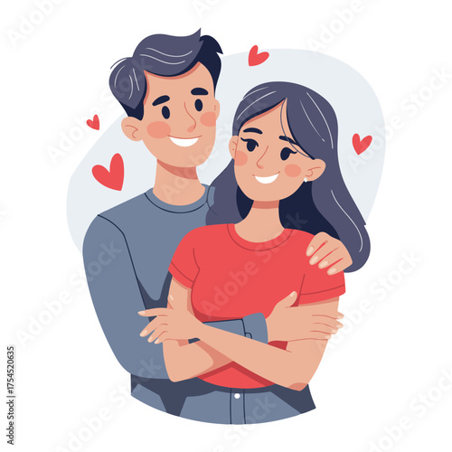 Happy Young Couple in Love Portrait with Pink Hearts Background Vector Illustration