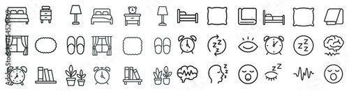 Home and sleep outline icons set – line, linear, bedtime and relaxation symbols