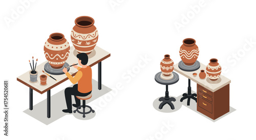 Isometric pottery workshop with artist crafting decorative vases on table