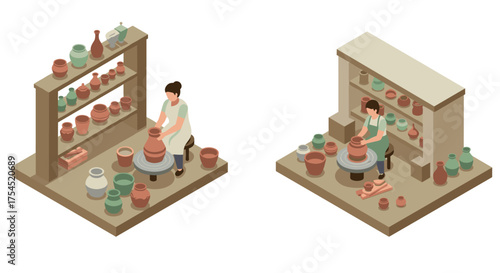 Isometric pottery workshop artisans crafting clay in studio setting with shelves of ceramics