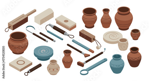 Isometric pottery tools and vessels traditional craft equipment and ceramic art supplies