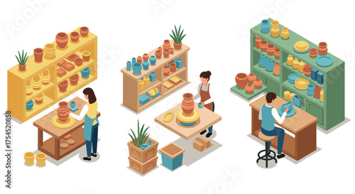 Isometric pottery workshop with artists crafting clay on wheels and display shelves
