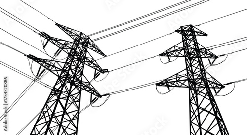 Two high voltage electricity transmission towers with power lines silhouette, industrial energy infrastructure illustration, electric pylon network, power distribution and grid system vector