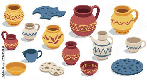 Colorful ceramic pottery collection in isometric design