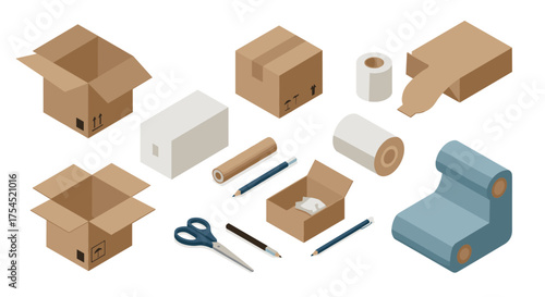 Isometric cardboard boxes and office supplies arrangement