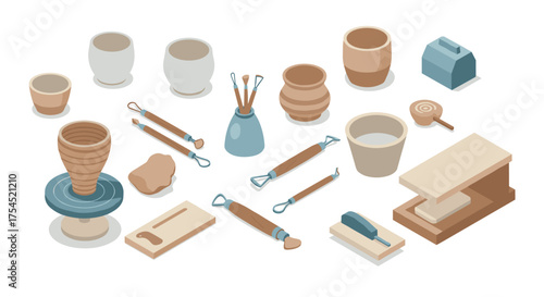 Isometric pottery workshop tools and supplies for crafting and ceramics enthusiasts