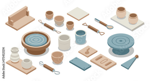 Isometric pottery tools set with diverse clay craft supplies in neutral tones