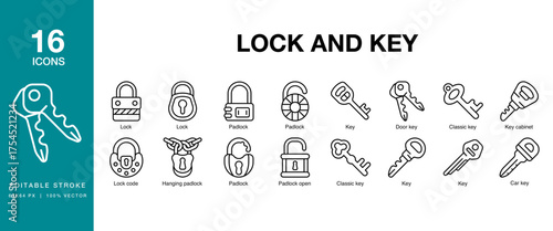 Lock and Key icon set. Includes key, lock, security, protection, safe, privacy and More. Editable Stroke Icon Collection.