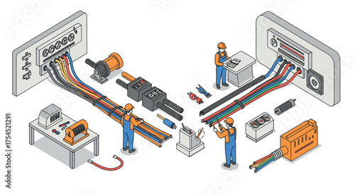 Isometric electrical engineering concept with workers and connectors in a workshop setting