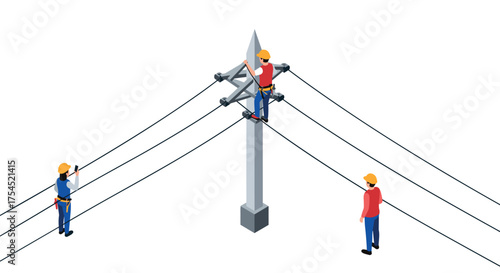 Skilled workers installing high voltage power lines on transmission tower in isometric style
