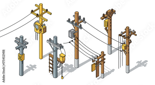 Isometric utility poles diverse designs and styles for modern infrastructure