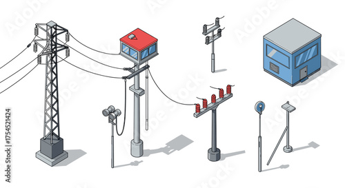 Isometric power lines and transmission equipment in detailed industrial design