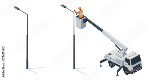 Utility worker fixing streetlight using crane truck in isometric style