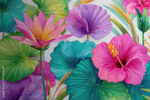 Wallpaper Mural Colorful flower pattern with pink hibiscus, purple and yellow lotus, and green leaves, creating vibrant and cheerful botanical design on textured paper Torontodigital.ca