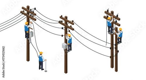 Isometric workers fixing telephone poles in urban setting with safety gear and tools